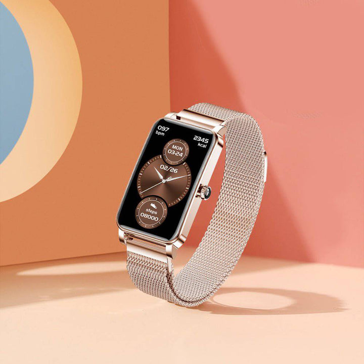 Stylish water-resistant women's smartwatch, perfect for daily wear & fitness. Easy-to-use touchscreen display.