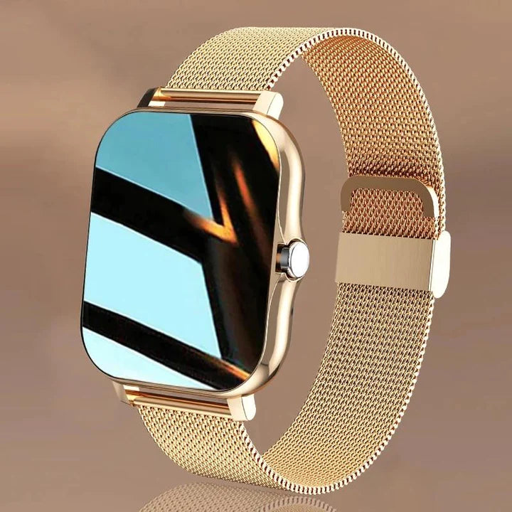 New women's health tracker smartwatch. Monitors heart rate, sleep, steps. Elegant digital watch for ladies.
