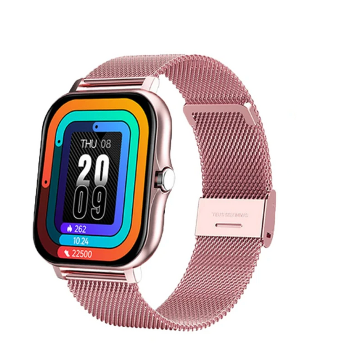 Close-up: Women's elegant smartwatch displaying health stats. Digital watch, fitness tracker, activity monitor.