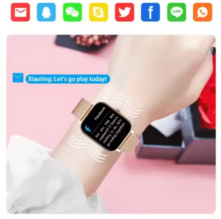 New women's smart watch with health monitoring & notifications. Elegant digital watch, activity tracker.