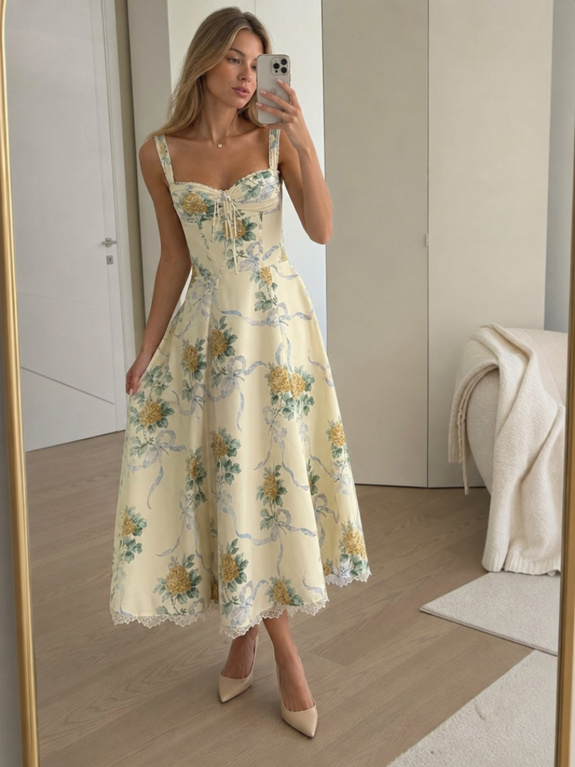 Elegant women's soft corset midi dress, perfect for summer. Versatile for day or evening wear in warm weather.