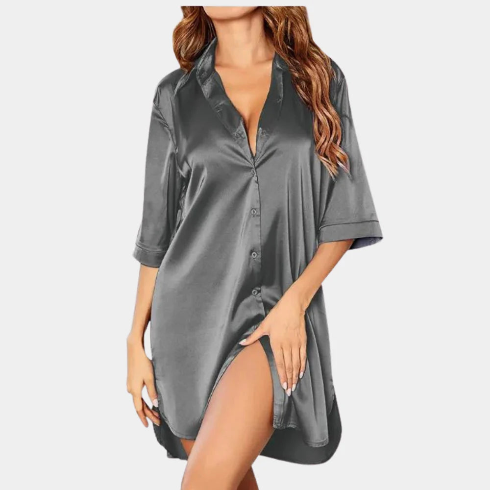 Elegant women's soft feel nightdress, comfortable short sleeve button down sleepwear, perfect loungewear.