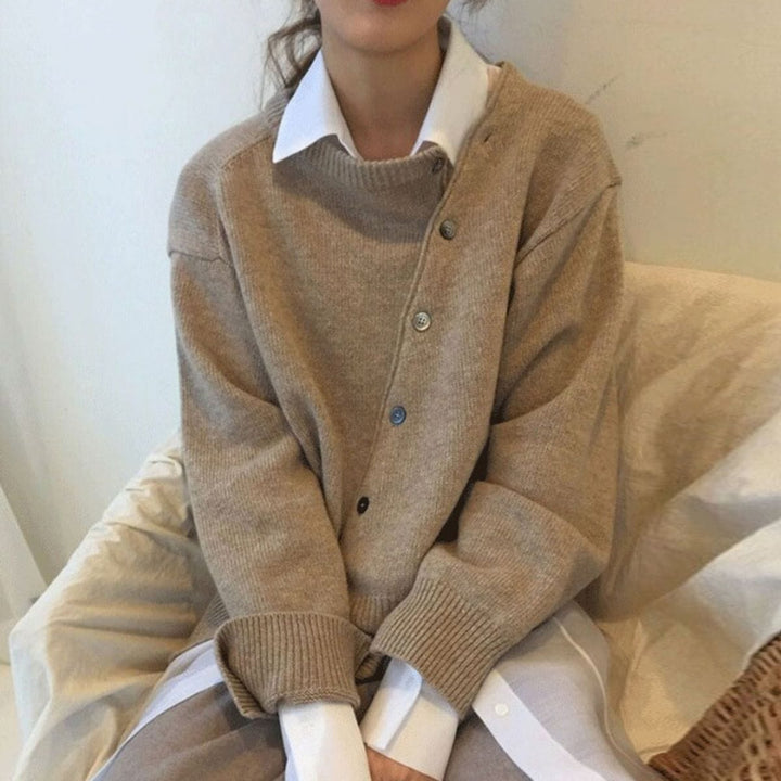 Cozy brown women's wrap cardigan. Soft, comfortable, and elegant layering outerwear.