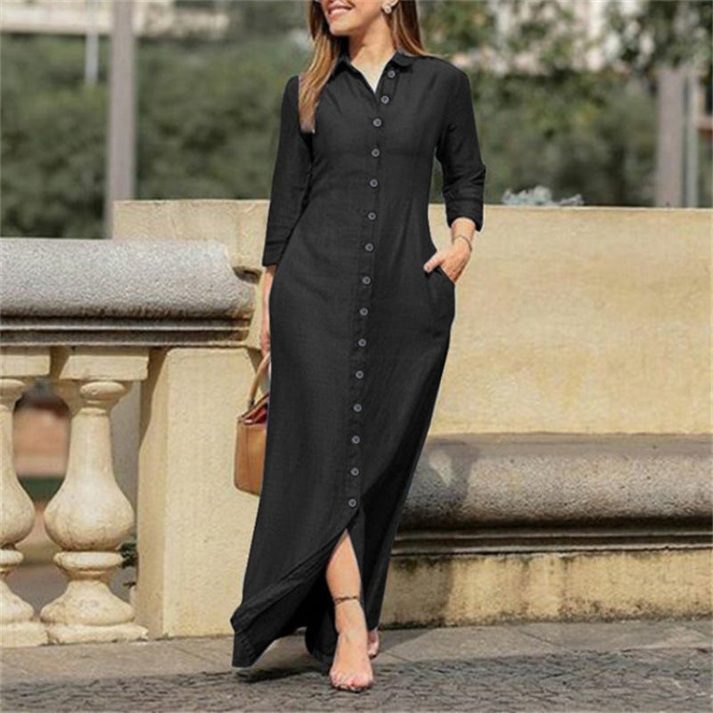 Fashionable women's long sleeve solid maxi dress, offering elegant floor-length style and comfort.