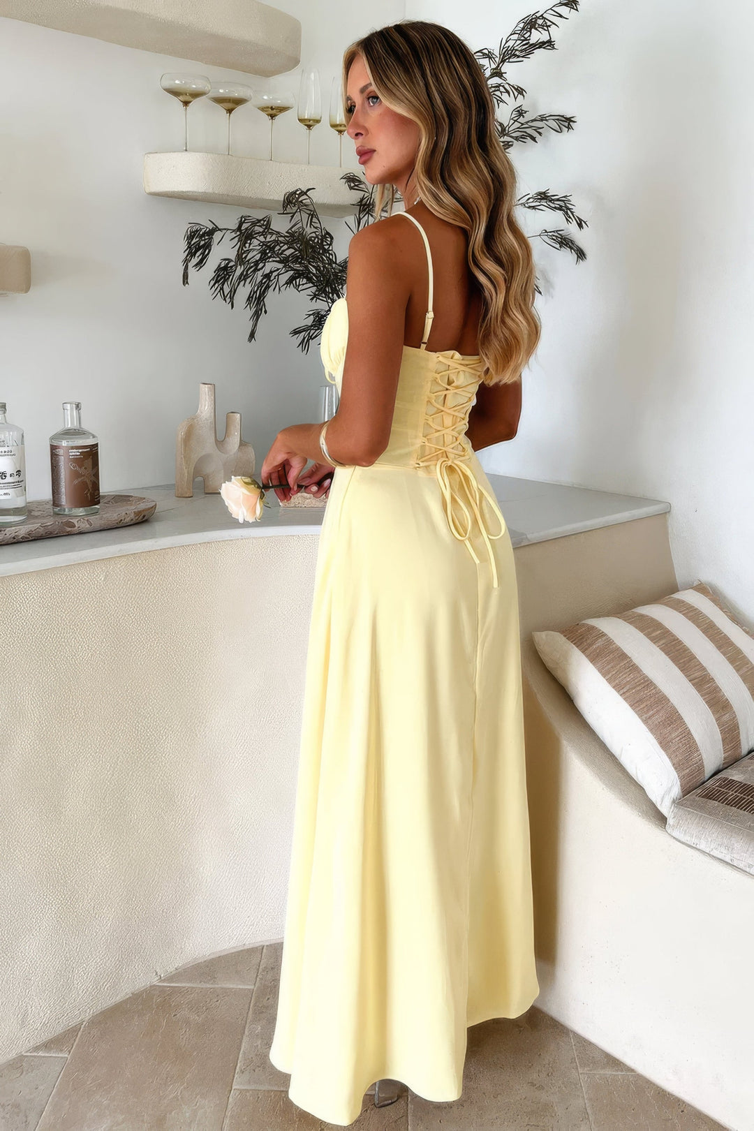 Chic A-line maxi dress for women, featuring elegant spaghetti straps & a flattering cut for formal occasions.
