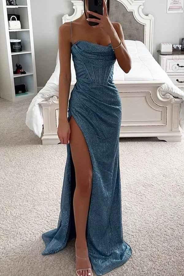 Chic women's spaghetti strap formal evening dress with leg slit, perfect for wedding guests, prom or special events.