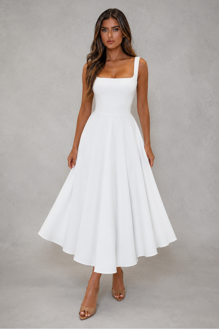 Tailored square neck midi dress for women, ideal for office wear, professional settings, and day-to-night elegance.