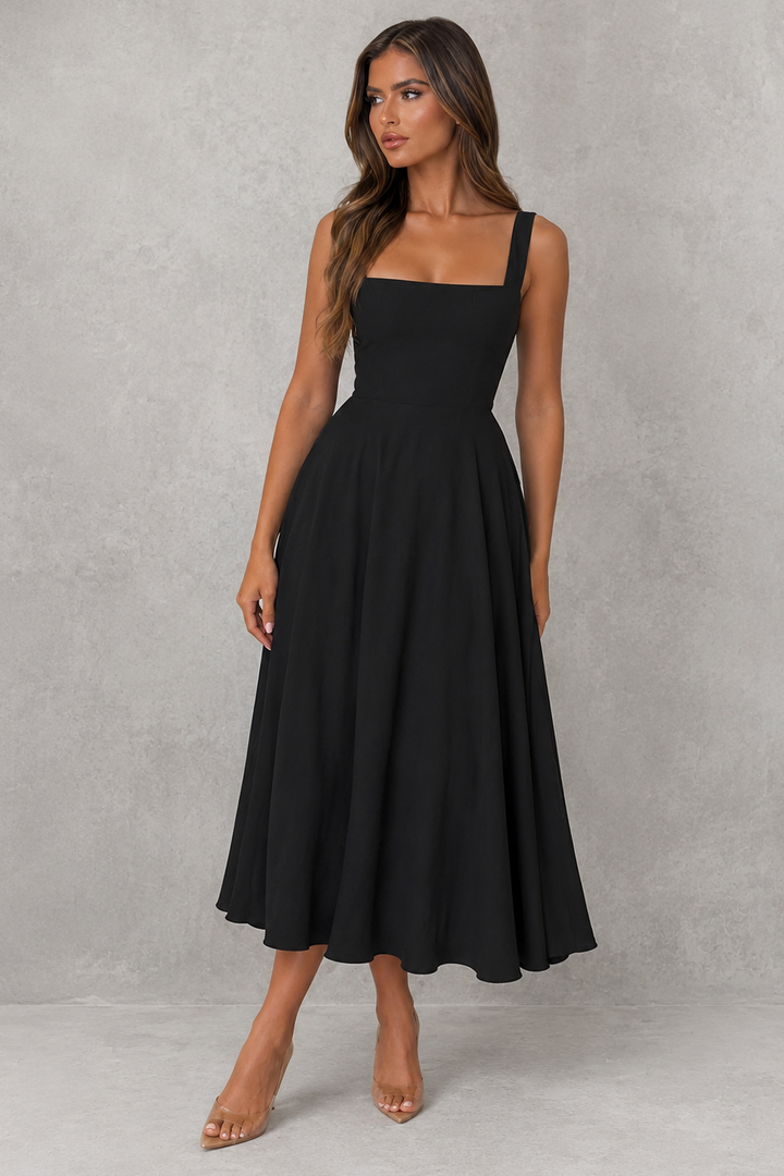 Simple yet elegant women's square neck midi dress, a versatile option for daily office wear & business meetings.