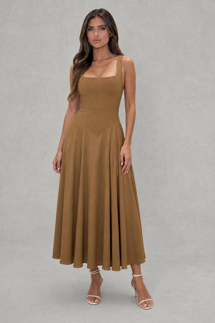 Contemporary women's square neck midi dress, perfect smart casual business attire for professional office settings.
