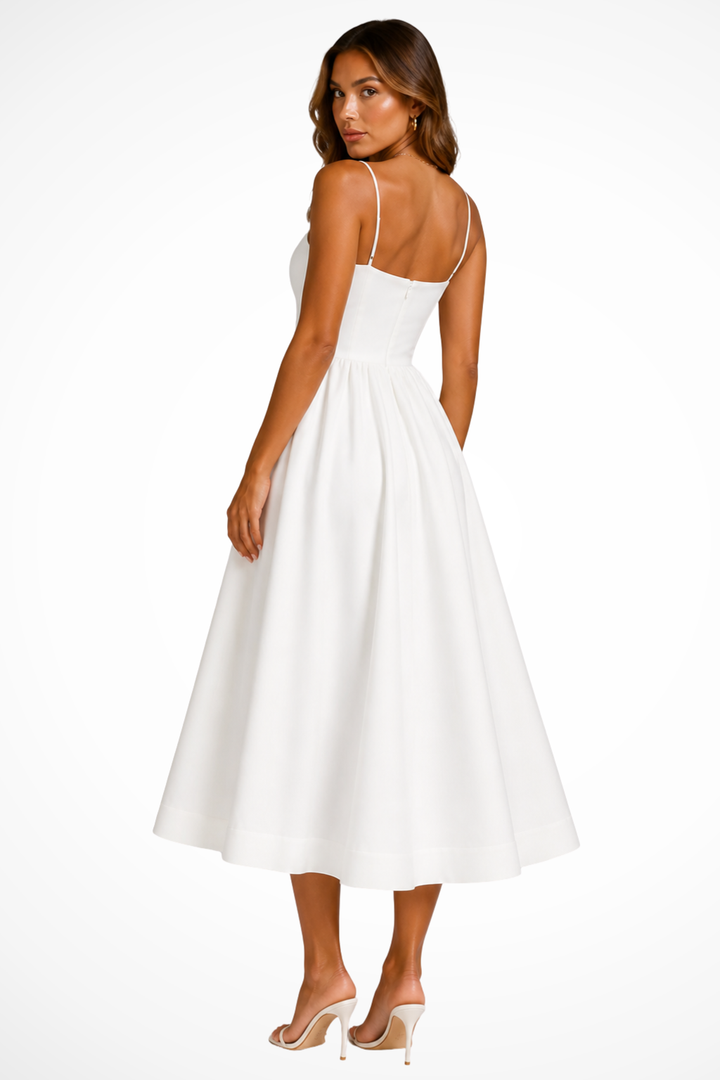 Flowy women's square neck cami midi dress with a flared skirt. An elegant choice for summer parties and special occasions.