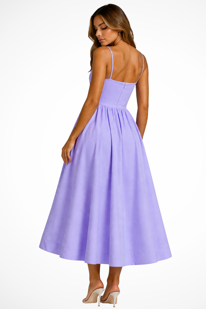 Women's elegant square neck cami flared midi dress. Perfect wedding guest or party dress for a chic, versatile look.
