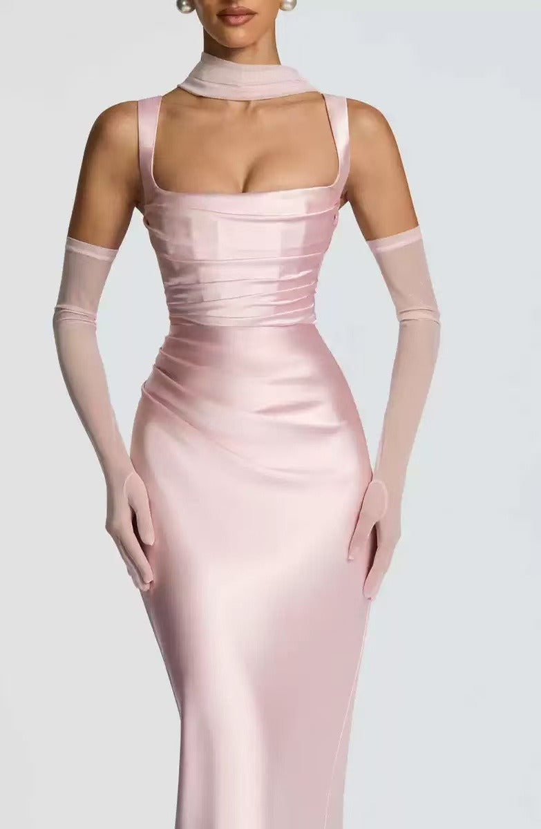 Flattering women's square neck maxi evening dress with a ruched bodice. Elegant long gown for formal occasions & parties.