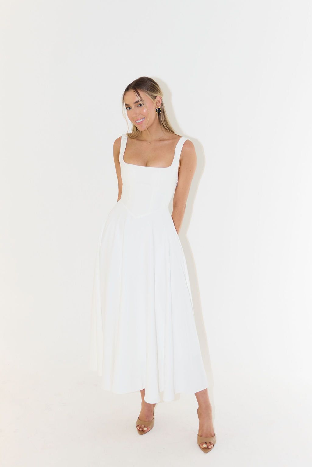 Chic A-line Square Neck Midi Dress for women, perfect for parties, formal gatherings & timeless fashion.