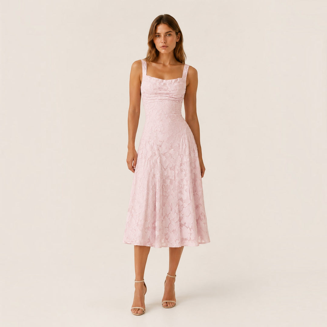 Elegant women's square neck midi dress. Perfect A-line party or evening wear with a timeless, sophisticated style.