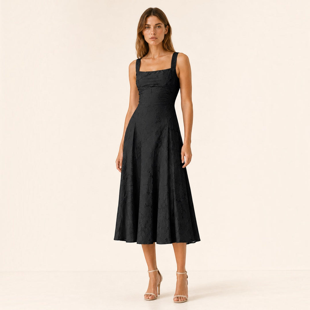 Timeless A-line midi dress for women, featuring a chic square neck. Perfect elegant occasion wear.