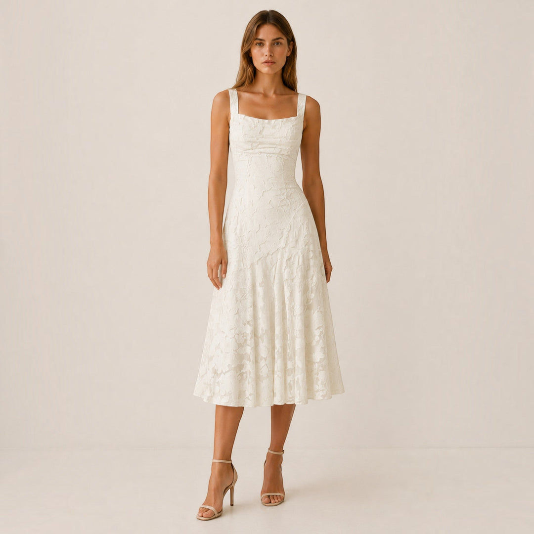Stylish women's square neck midi dress, offering timeless elegance for any sophisticated occasion.