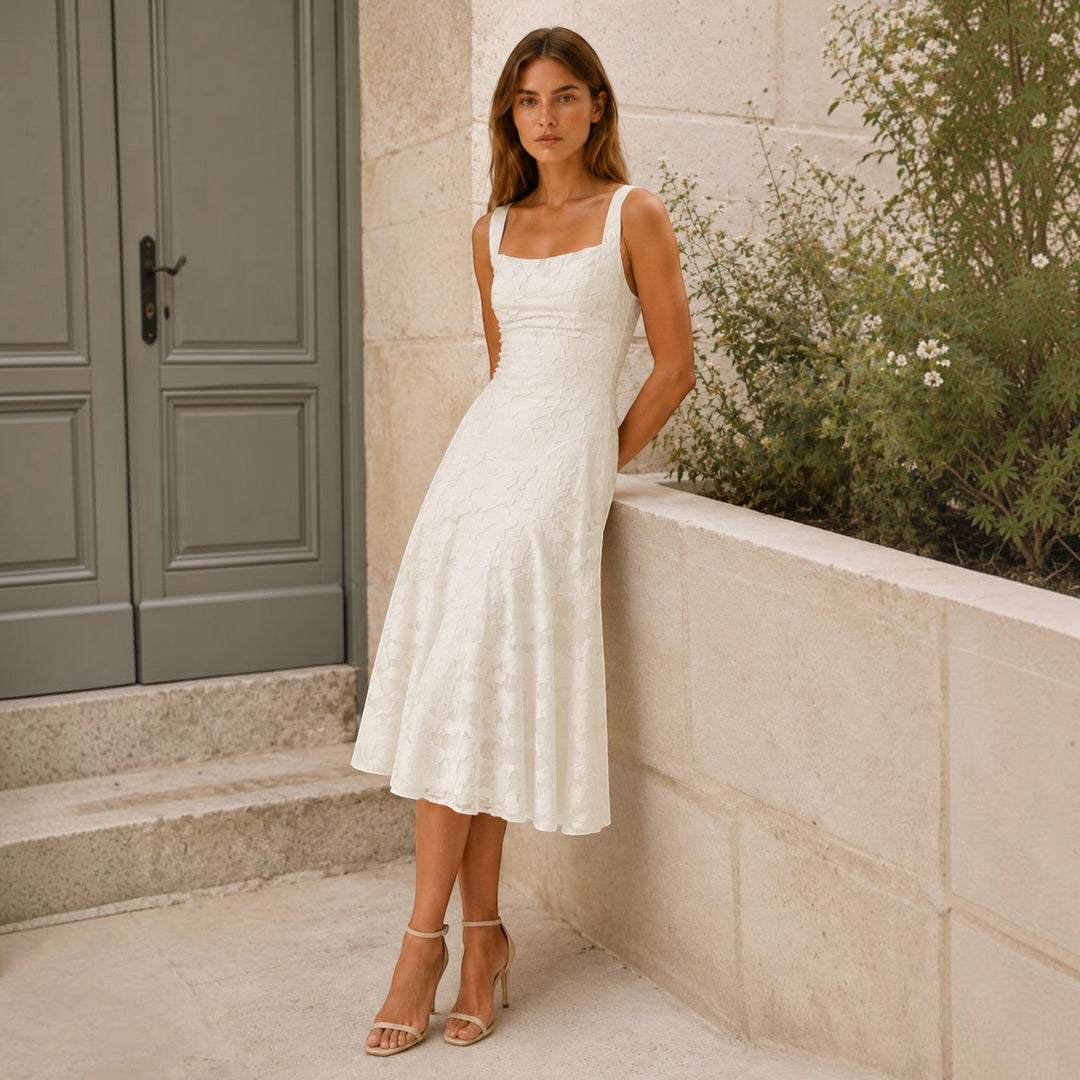 Graceful women's midi dress with a flattering square neck & A-line cut, perfect for special occasions.