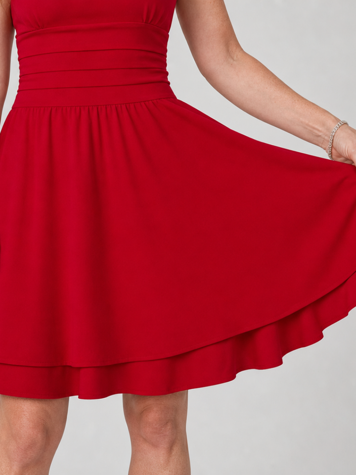 Casual sleeveless mini dress for women, featuring a square neck, ruched waist, and flared skirt.