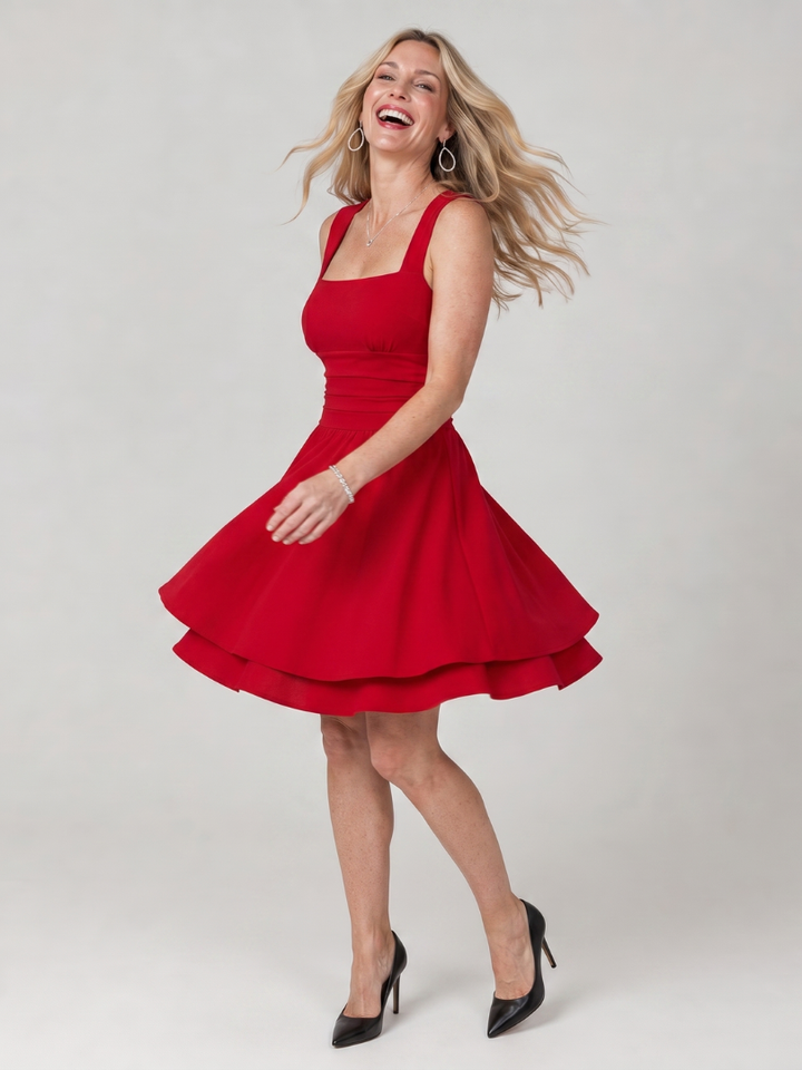 Women's day dress with a square neck, ruched waist, and elegant flared mini skirt for summer.