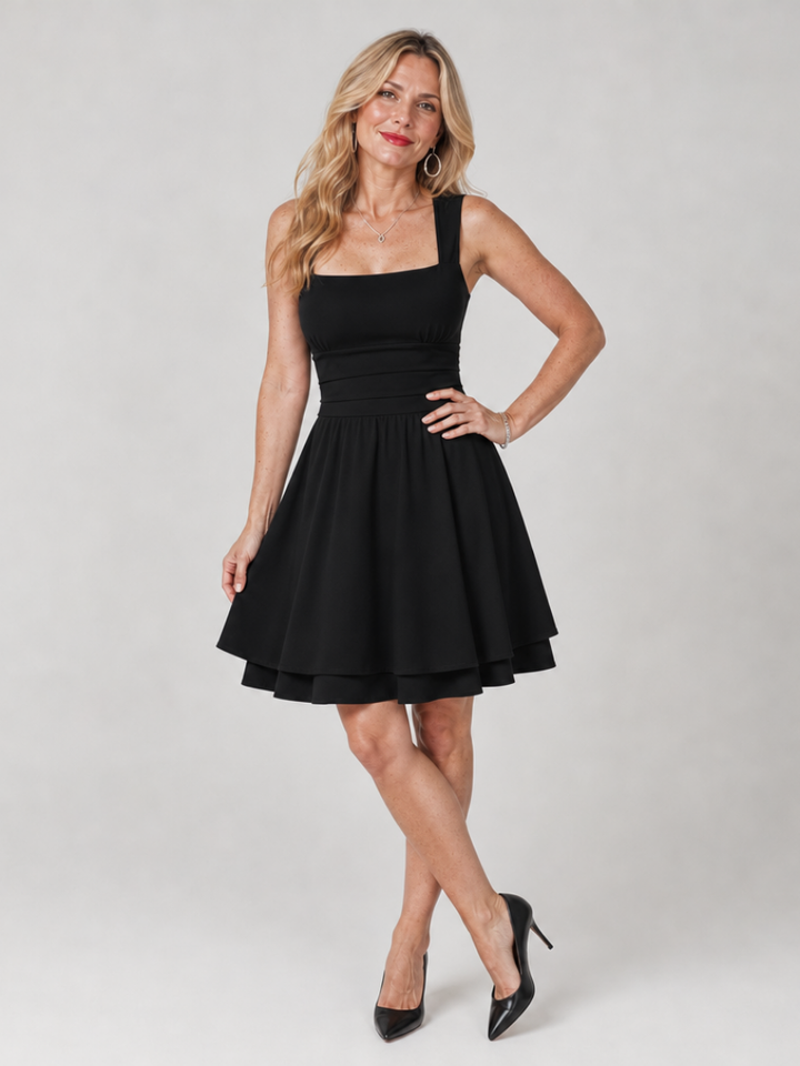 Versatile women's elegant mini dress: square neck, sleeveless, flared skirt. Great for casual or party wear.