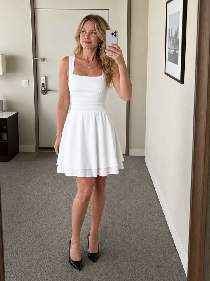 Sophisticated women's casual day dress, square neck, sleeveless, with an elegant flared mini hem.
