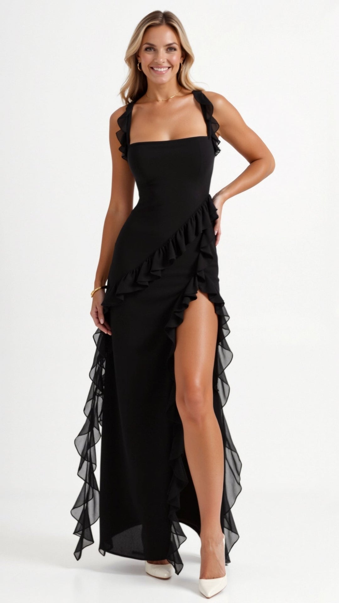 Elegant women's square neck ruched asymmetric maxi dress, ideal for evening events & wedding guests.