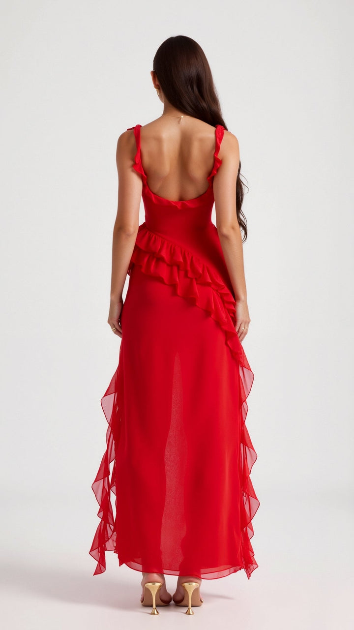 Long women's evening dress with a square neck, ruched body, and modern asymmetric maxi skirt for glamour.