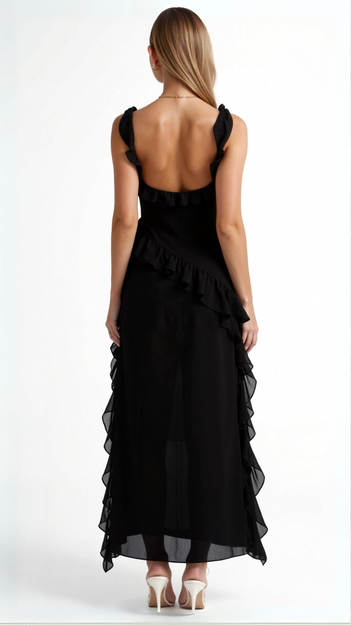 Stylish ruched asymmetric maxi dress with square neckline for women, a glamorous party or formal gown.