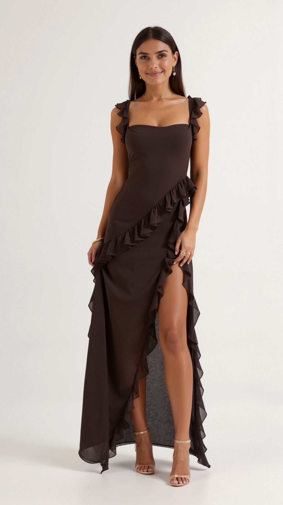 Chic long evening dress for women, featuring a square neck & ruched asymmetric design for special events.
