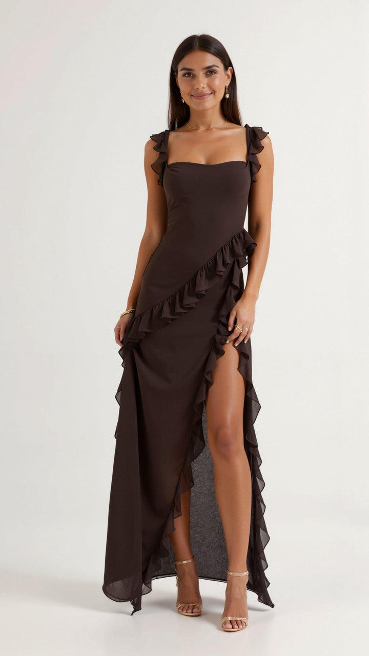 Chic long evening dress for women, featuring a square neck & ruched asymmetric design for special events.