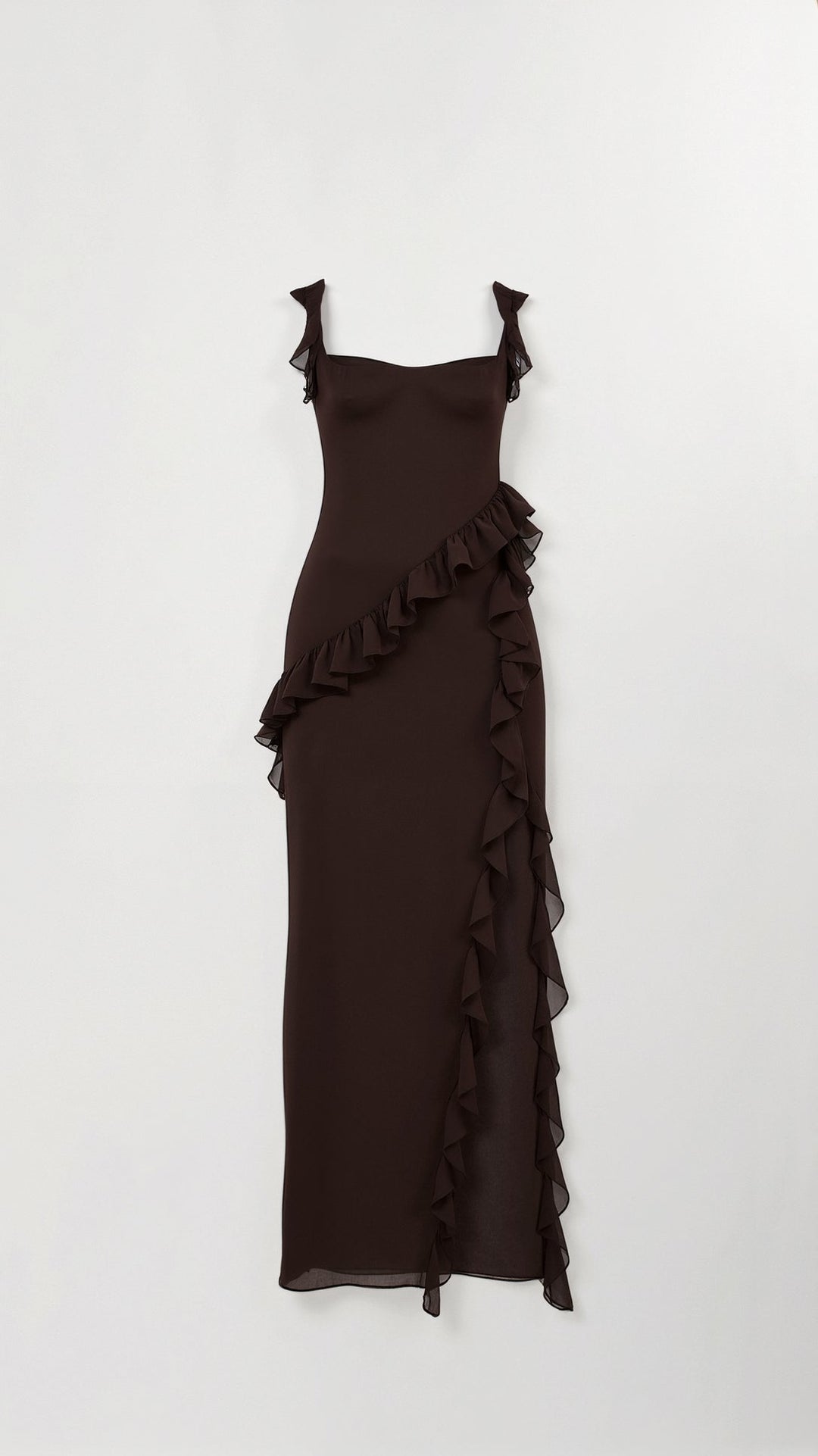 Women's square neck formal maxi dress, elegantly ruched with an asymmetric hem, perfect for occasions.