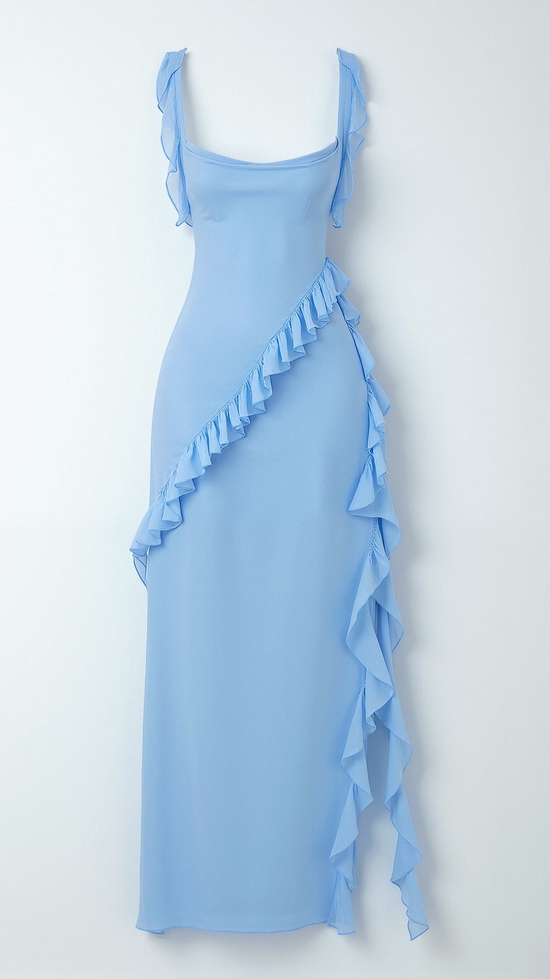 Sophisticated women's maxi dress for wedding guests or parties, with square neck, ruched & asymmetric style.