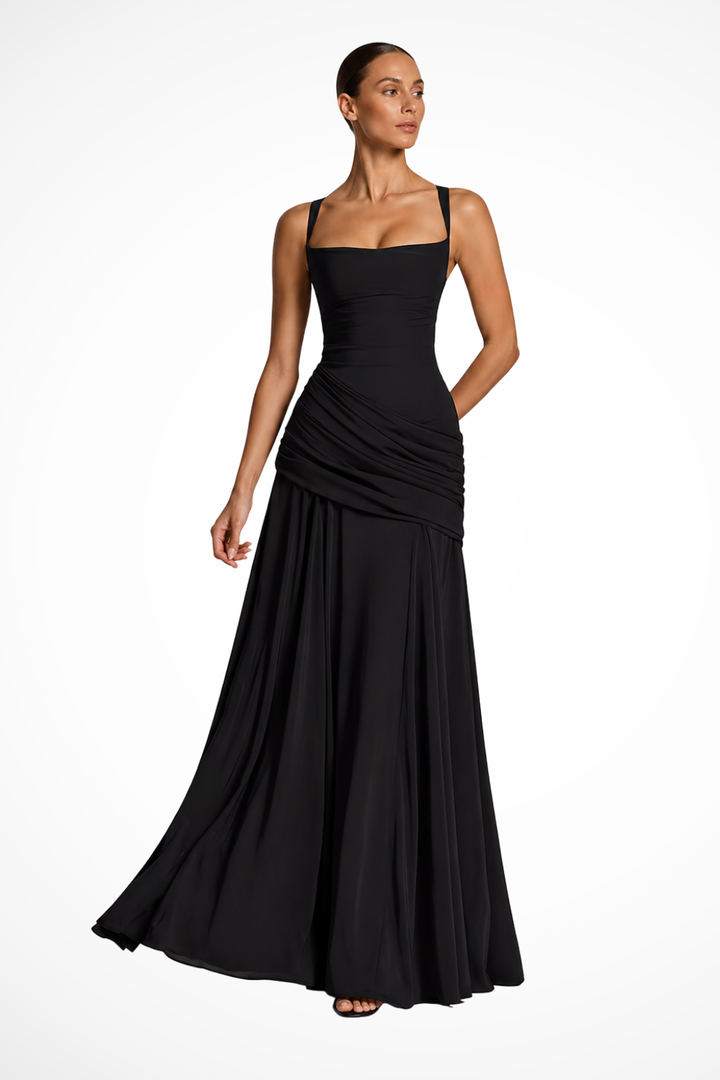 Elegant women's square neck ruched maxi dress with a side slit, perfect for wedding guests & formal occasions.
