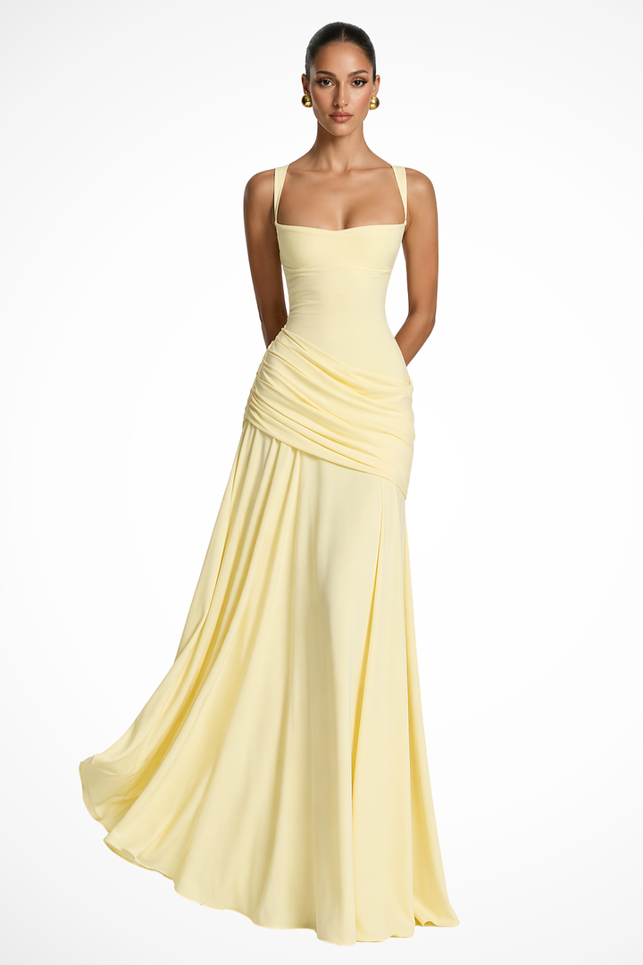 Chic ruched square neck maxi dress for women, ideal as evening wear, cocktail, or special occasion party dress.