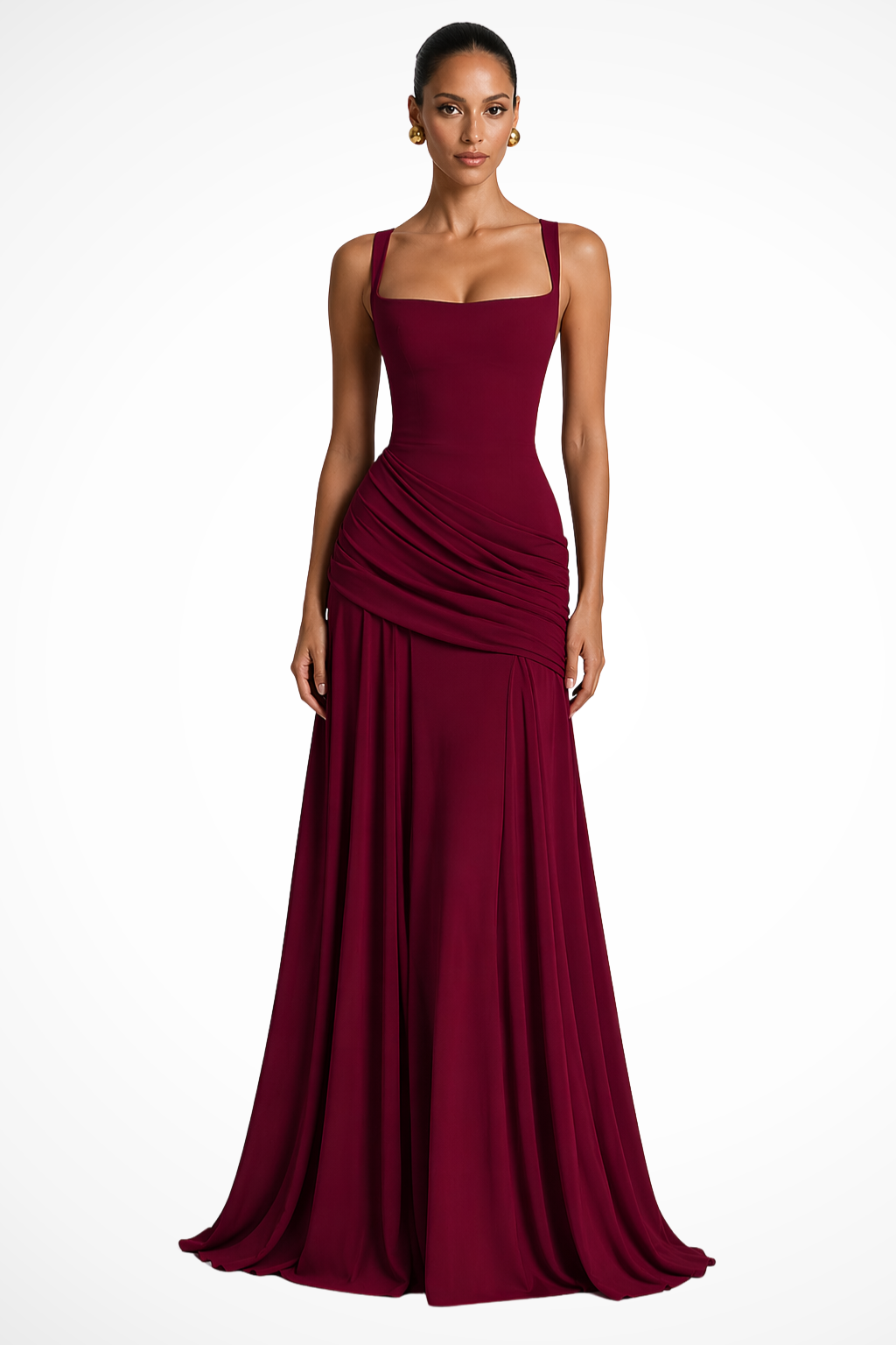 Formal women's square neck ruched maxi dress for wedding guests, featuring a chic side slit & elegant design.