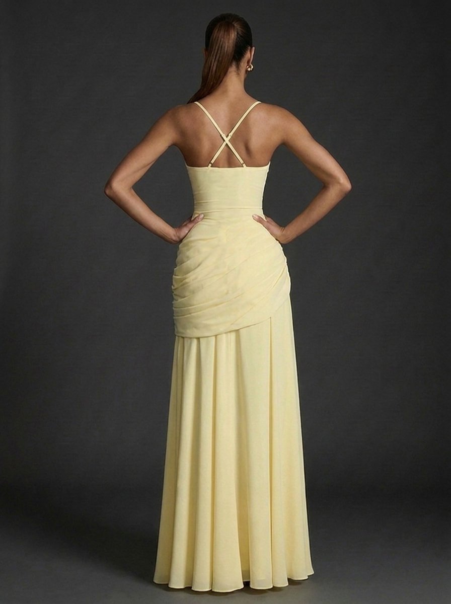 Beautiful square-neck ruched maxi dress for women, an elegant and comfortable choice for wedding guests.