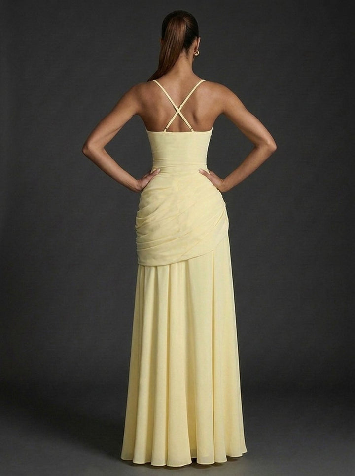 Beautiful square-neck ruched maxi dress for women, an elegant and comfortable choice for wedding guests.