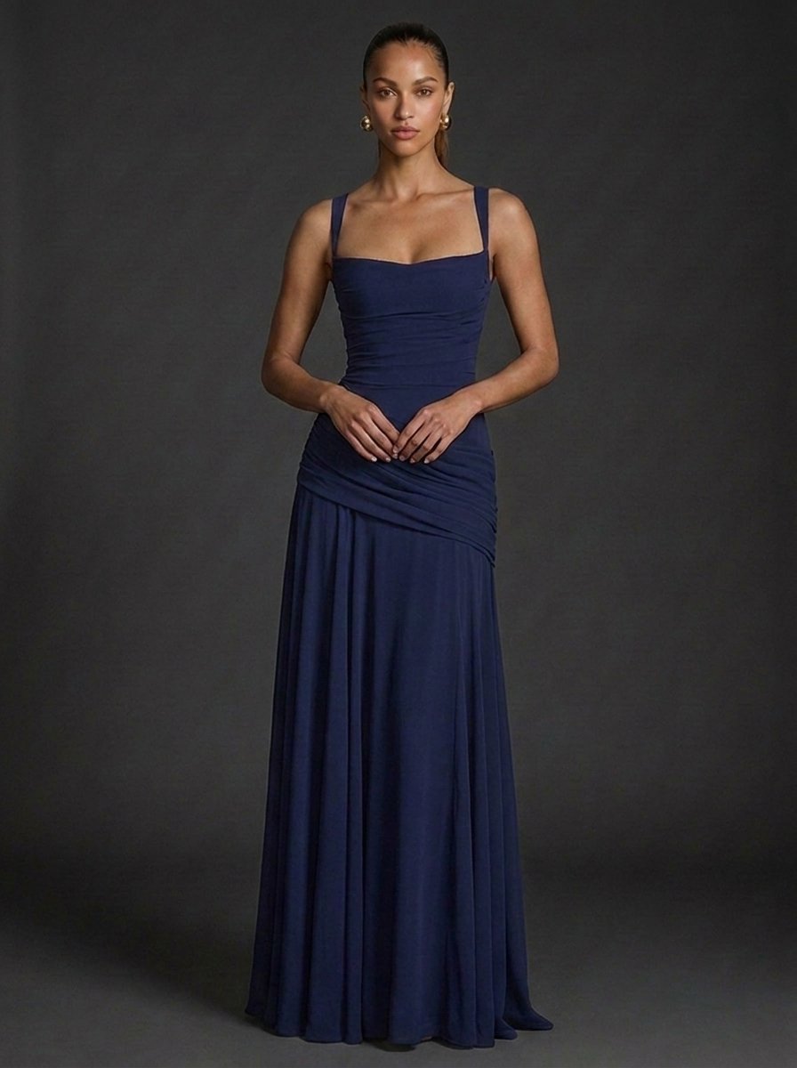 Flattering women's square-neck sleeveless ruched maxi dress, a versatile elegant occasion and cocktail wear.