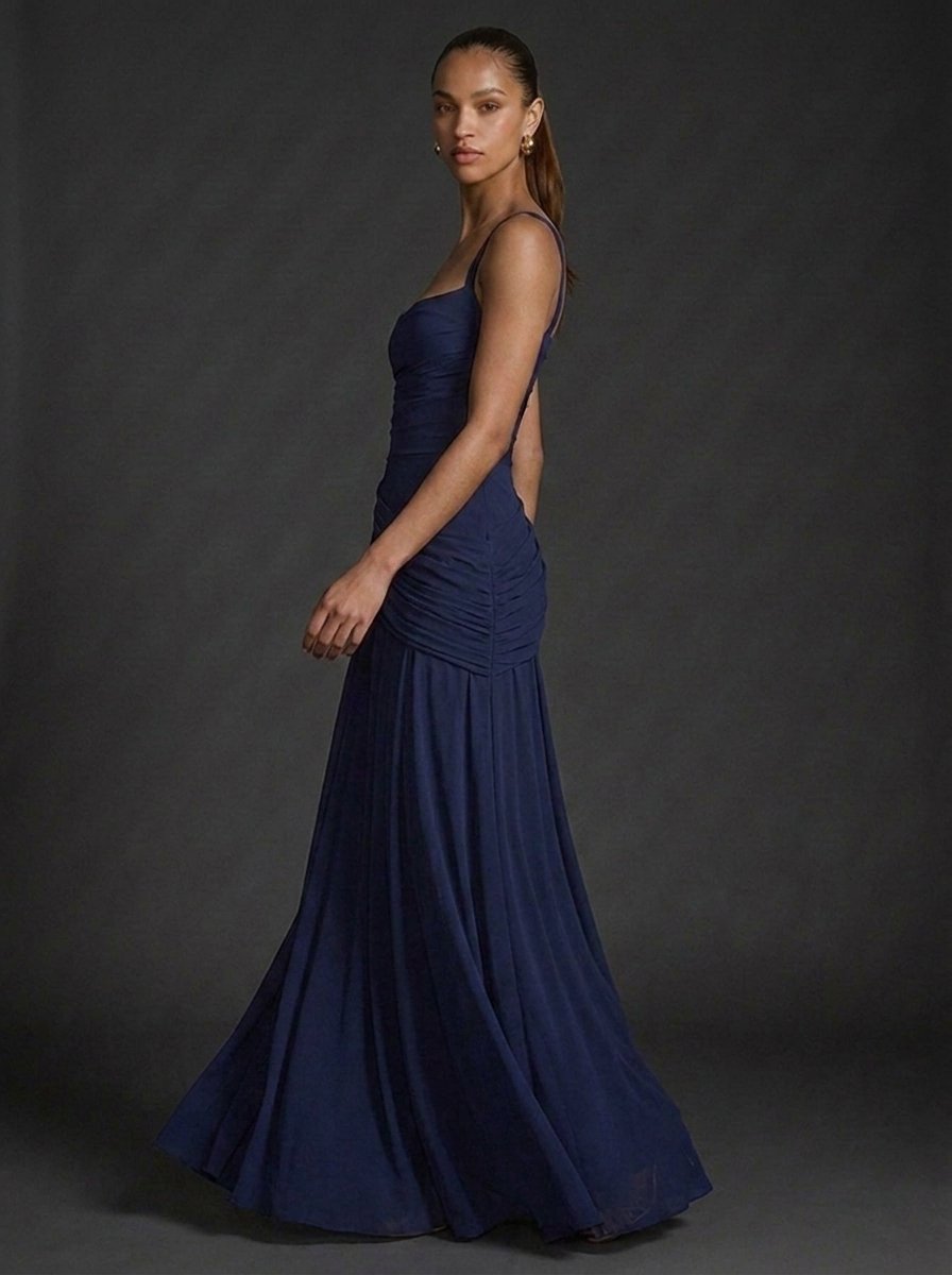 Women's square-neck sleeveless maxi dress with elegant ruching, ideal for elegant occasions & summer events.