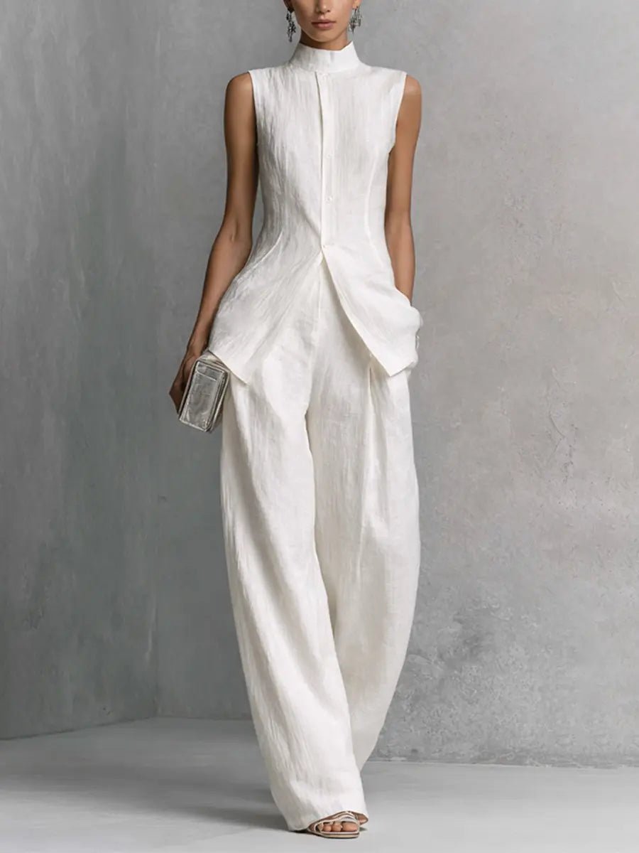Elegant women's stand-collar wide-leg two-piece set. Perfect for versatile casual chic style.