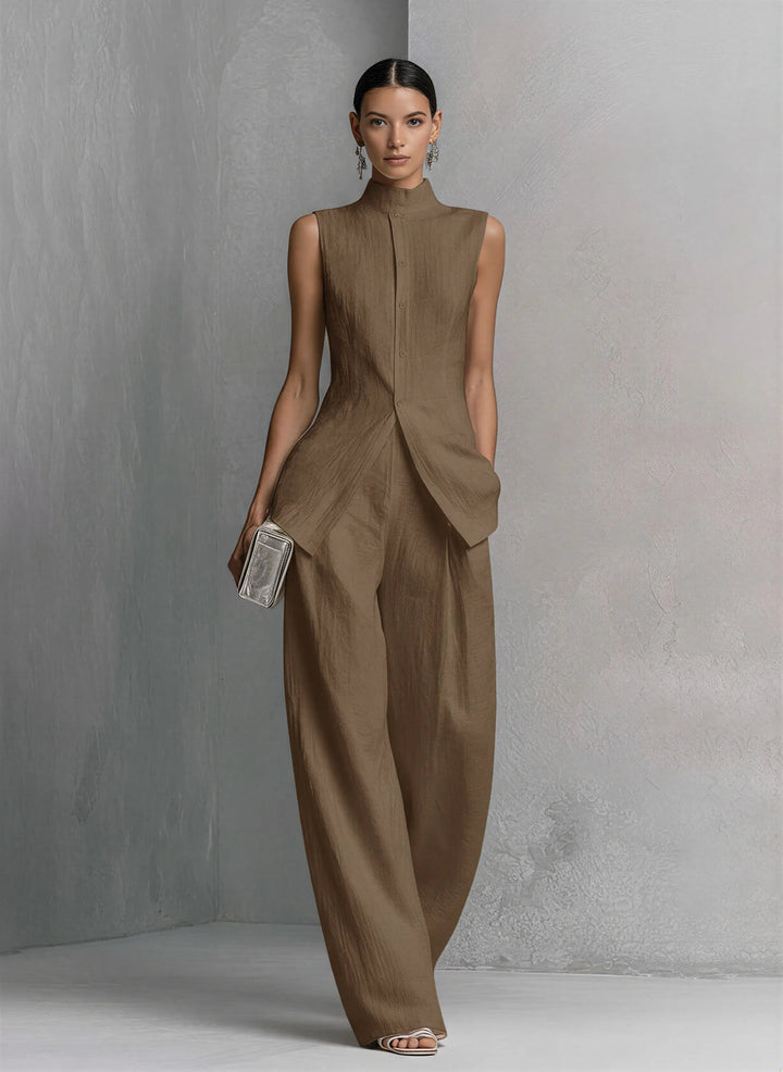 Stylish women's wide-leg pants and matching stand-collar sleeveless top. Elegant two-piece apparel.