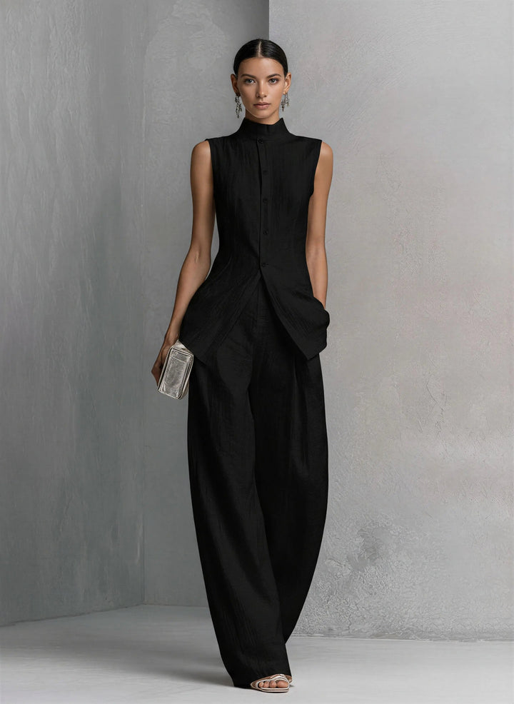Casual chic women's two-piece set with a stand-collar top and flowy wide-leg trousers.