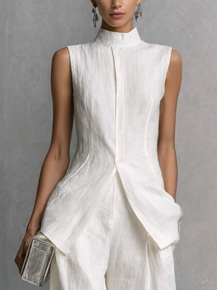 Versatile women's trouser set: elegant stand-collar sleeveless top and comfortable wide-leg pants.