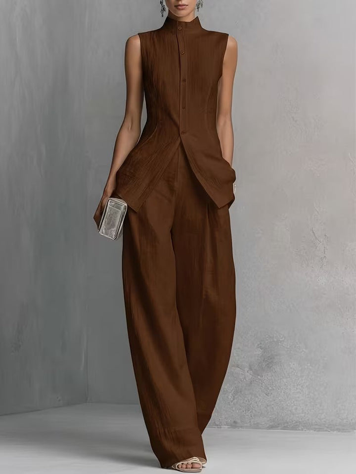 Fashionable women's two-piece trouser set: elegant stand-collar sleeveless top & high-waisted wide-leg.