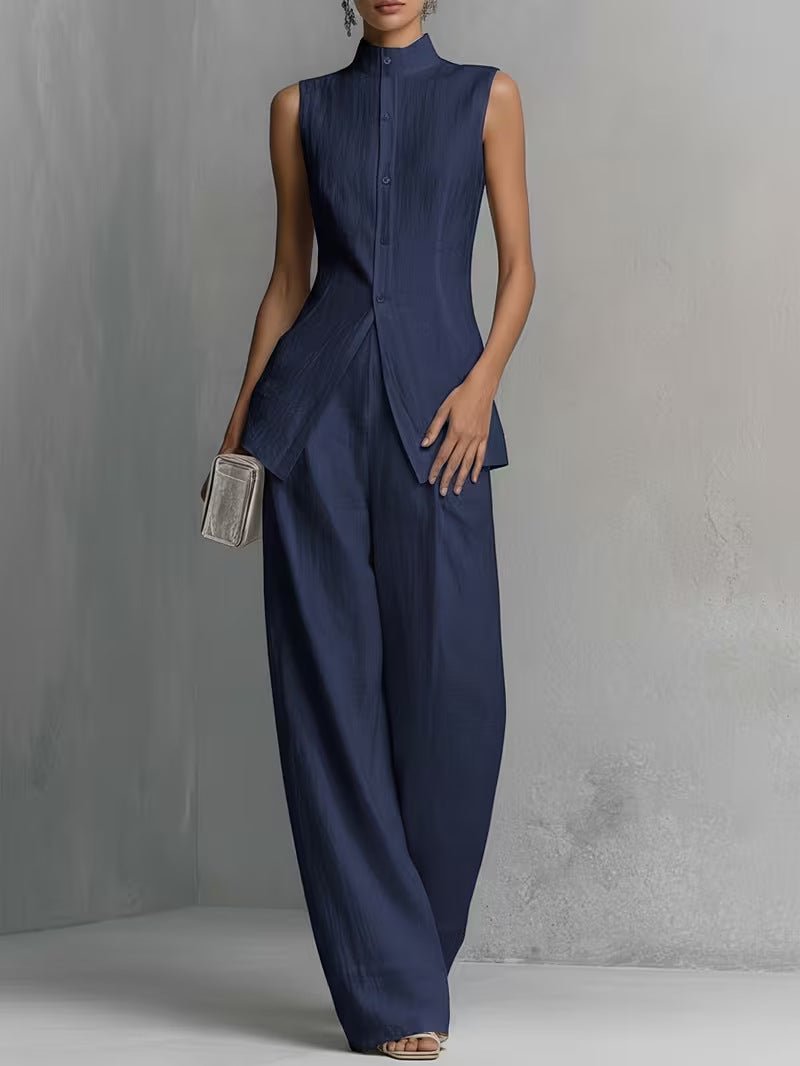 Flowy wide-leg pants and a chic stand-collar top create this elegant women's two-piece set.