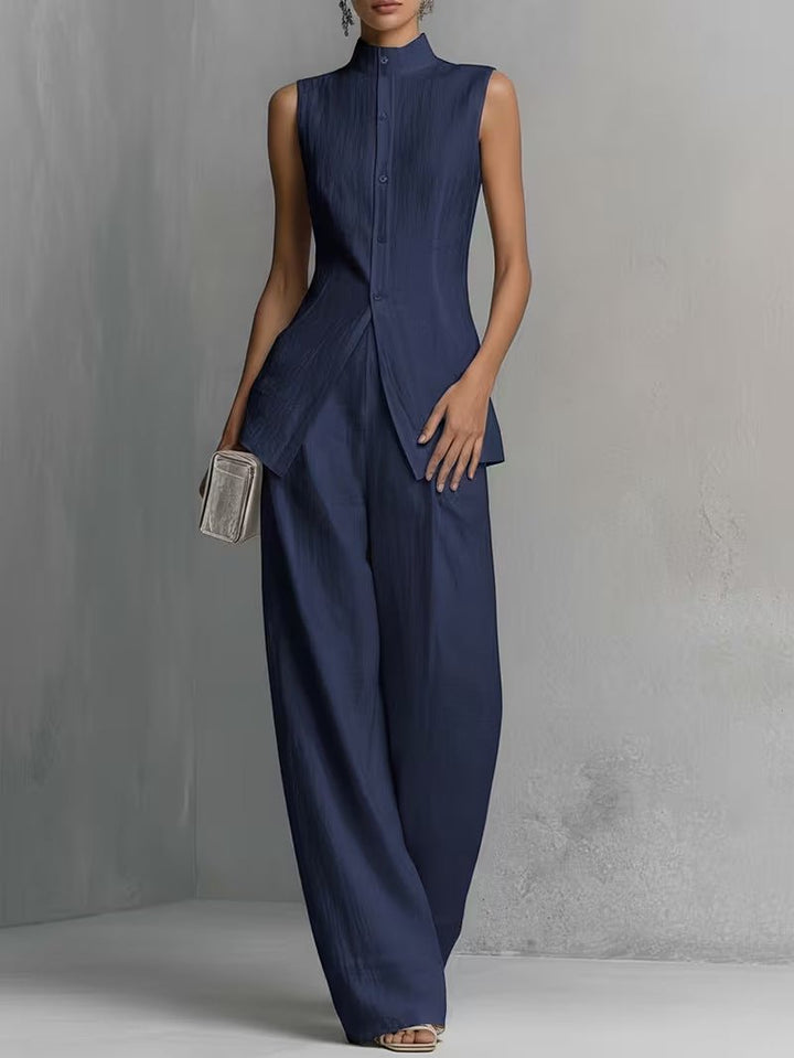 Flowy wide-leg pants and a chic stand-collar top create this elegant women's two-piece set.