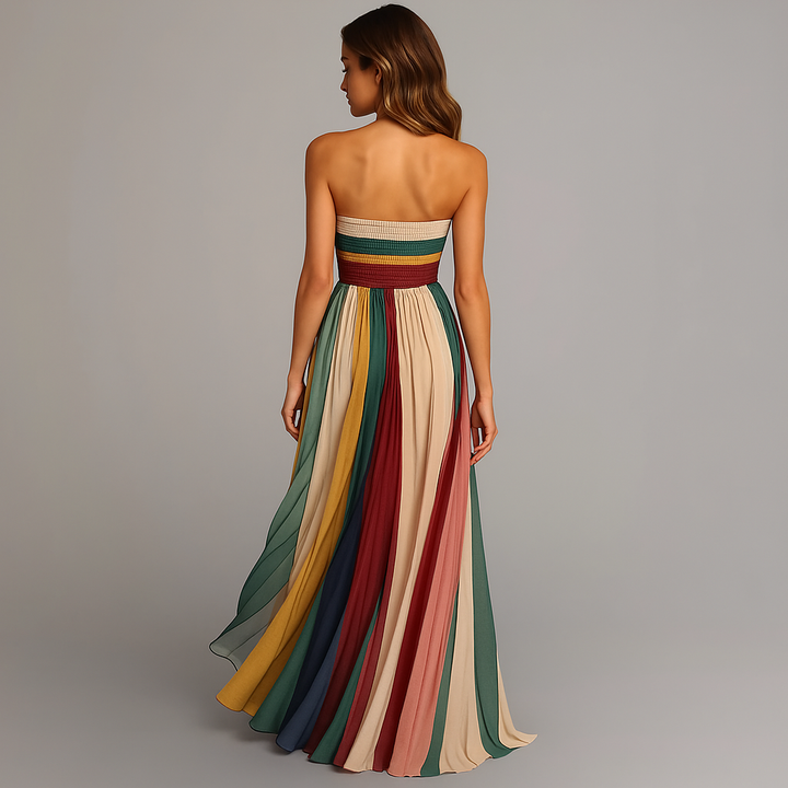 Chic women's strapless A-line maxi dress, a perfect elegant summer or formal evening dress with a flowy silhouette.