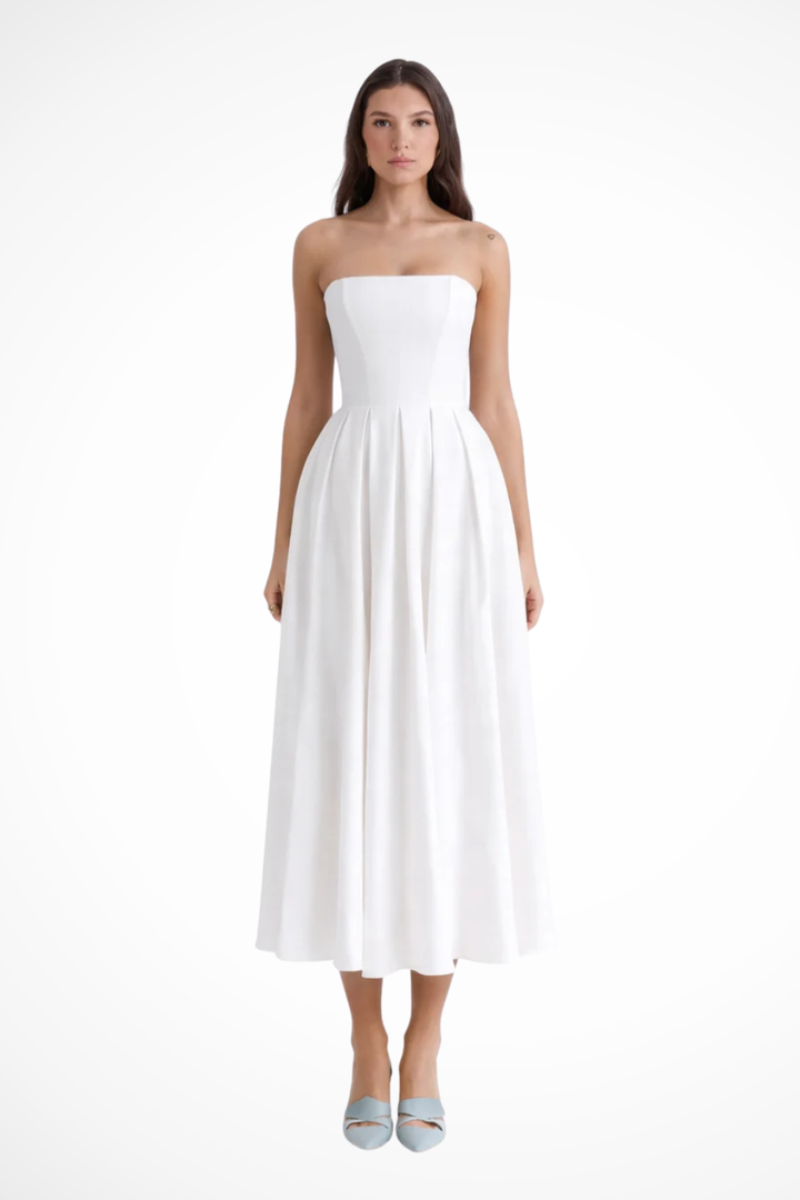 Elegant women's strapless corset midi dress with a flowing flared skirt, perfect for formal occasions.
