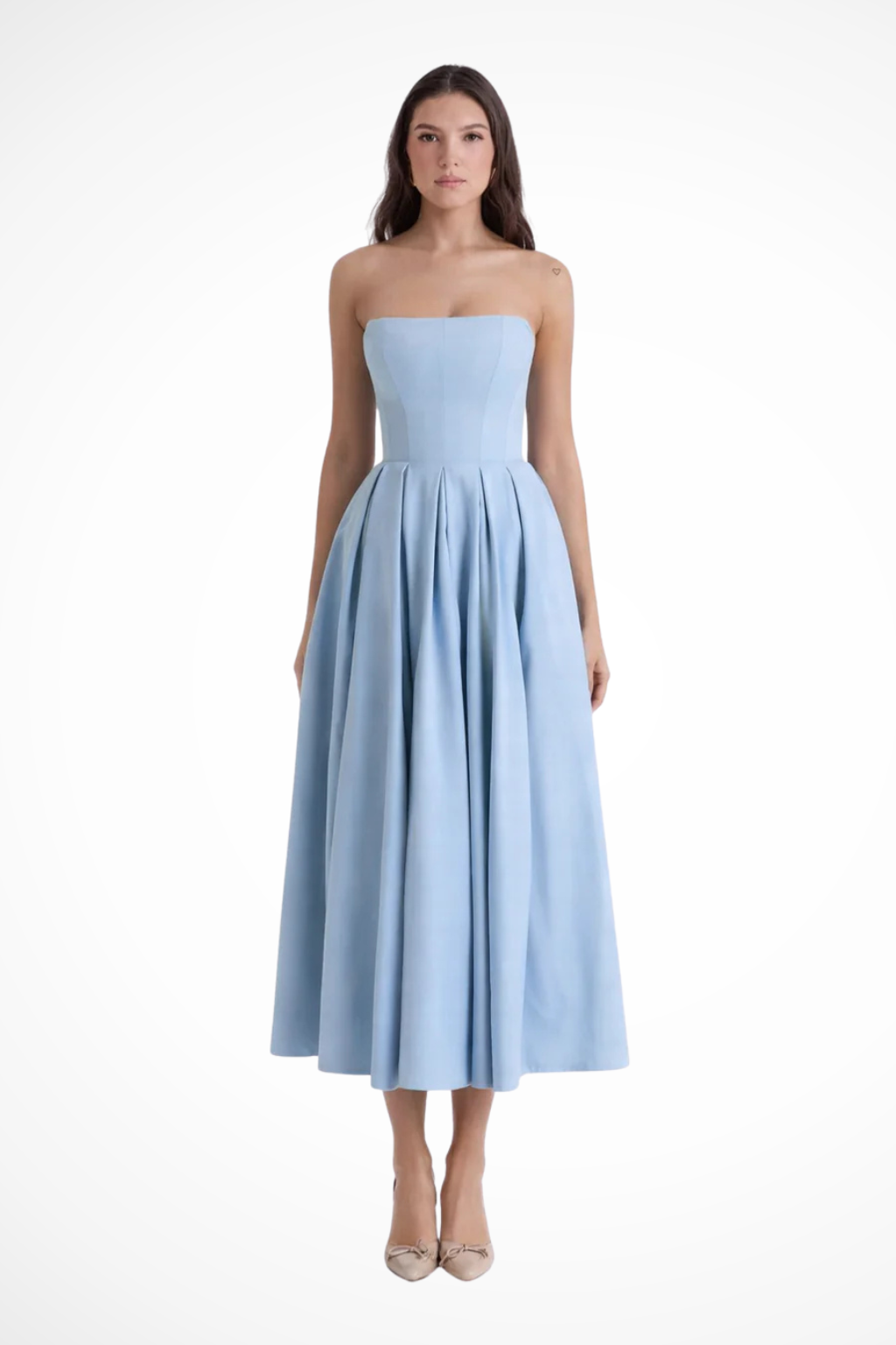 Tailored women's strapless corset midi dress, an A-line design with a beautiful flared skirt. Sophisticated formal wear.