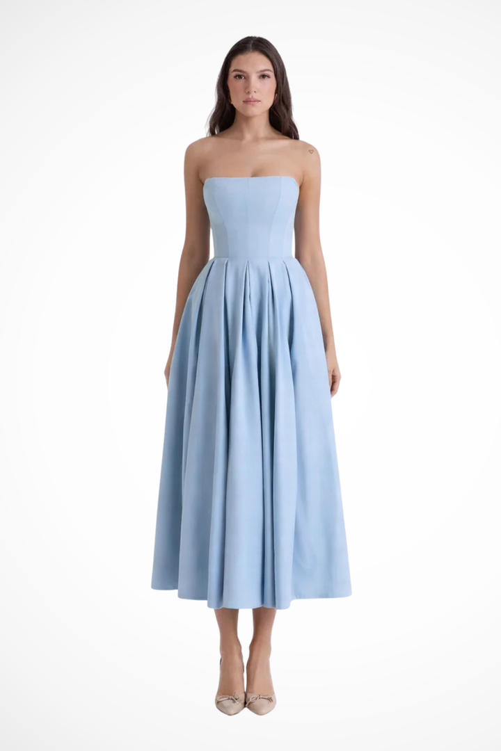 Tailored women's strapless corset midi dress, an A-line design with a beautiful flared skirt. Sophisticated formal wear.